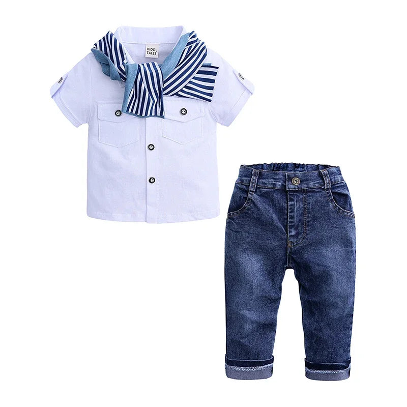 2025 Summer Boys Outfits Set 3Pcs Kids Random Cool Clothes Toddler T-Shirt + Jeans + Scarf Fashion Suits Children's Clothing Set