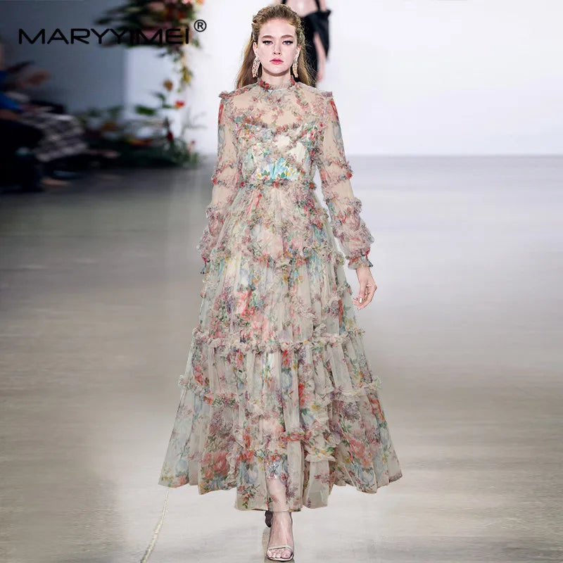 Evening wear Dresses: Women's dress Lantern Sleeve Mesh Print Cascading