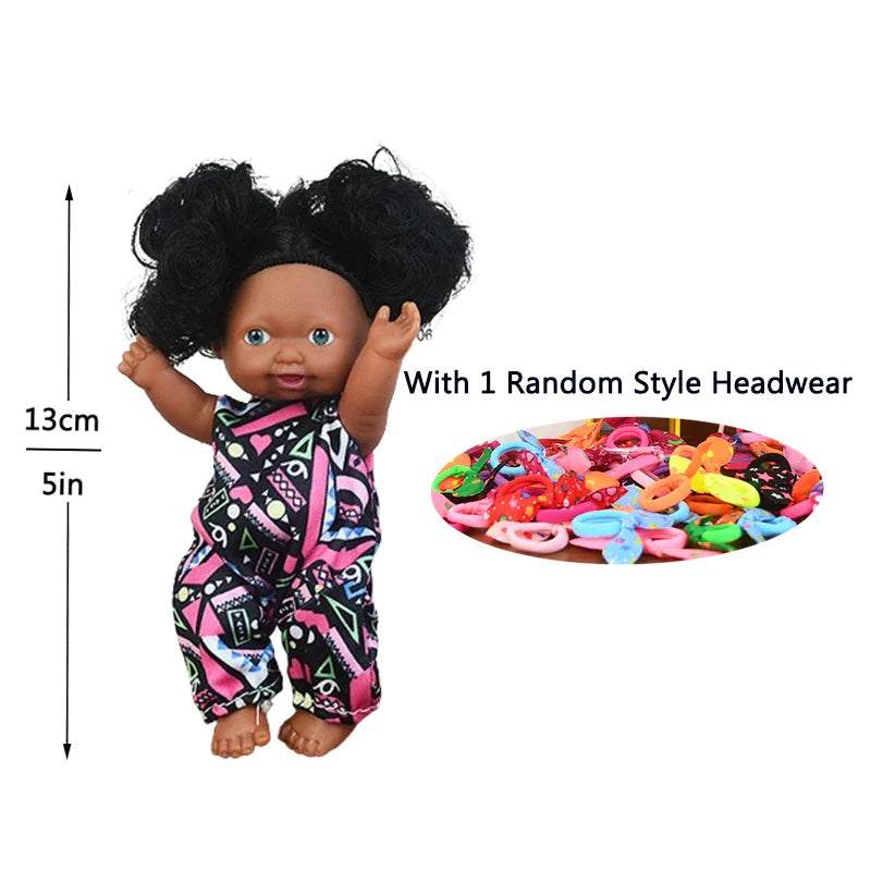 5in/13cm Kawaii Cute Black New Reborn Baby Dolls Educational Dolls Black Skin Black Hair With Cute Bow Headwear Birthday Gift