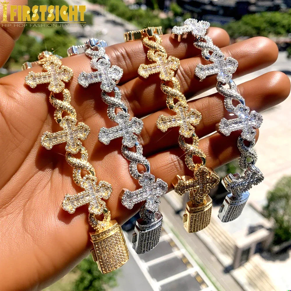 New Iced Out Cross Infinity Charm Bracelet Micro Paved Cubic Zirconia Cuban Chain For Women Men Hip Hop Rapper Jewelry