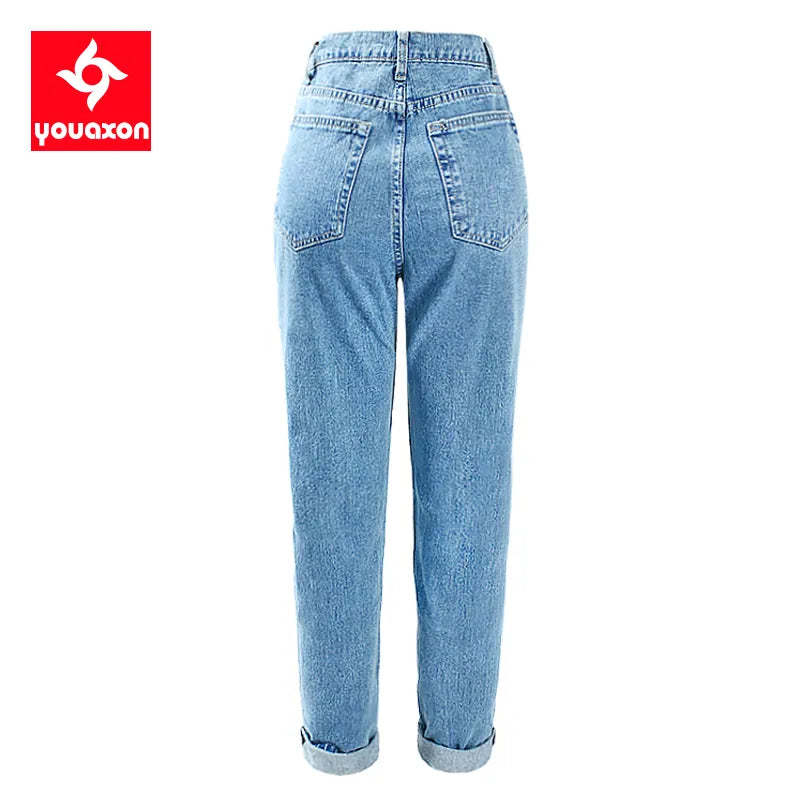 Cotton Vintage High Waist Mom Baggy Jeans Women`s Blue Denim Pants