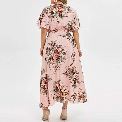 Summer New Sexy V-Neck Women's Beach Dress Plus Size Loose Fashion Floral Printed Butterfly Sleeve Midi Dress Lady Wedding Dress