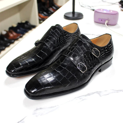 Men's Luxury Italian Mens Shoes Real Leather Pointed Toe Double Buckles Alligator Parrint  Formal Business Black Shoes for Male