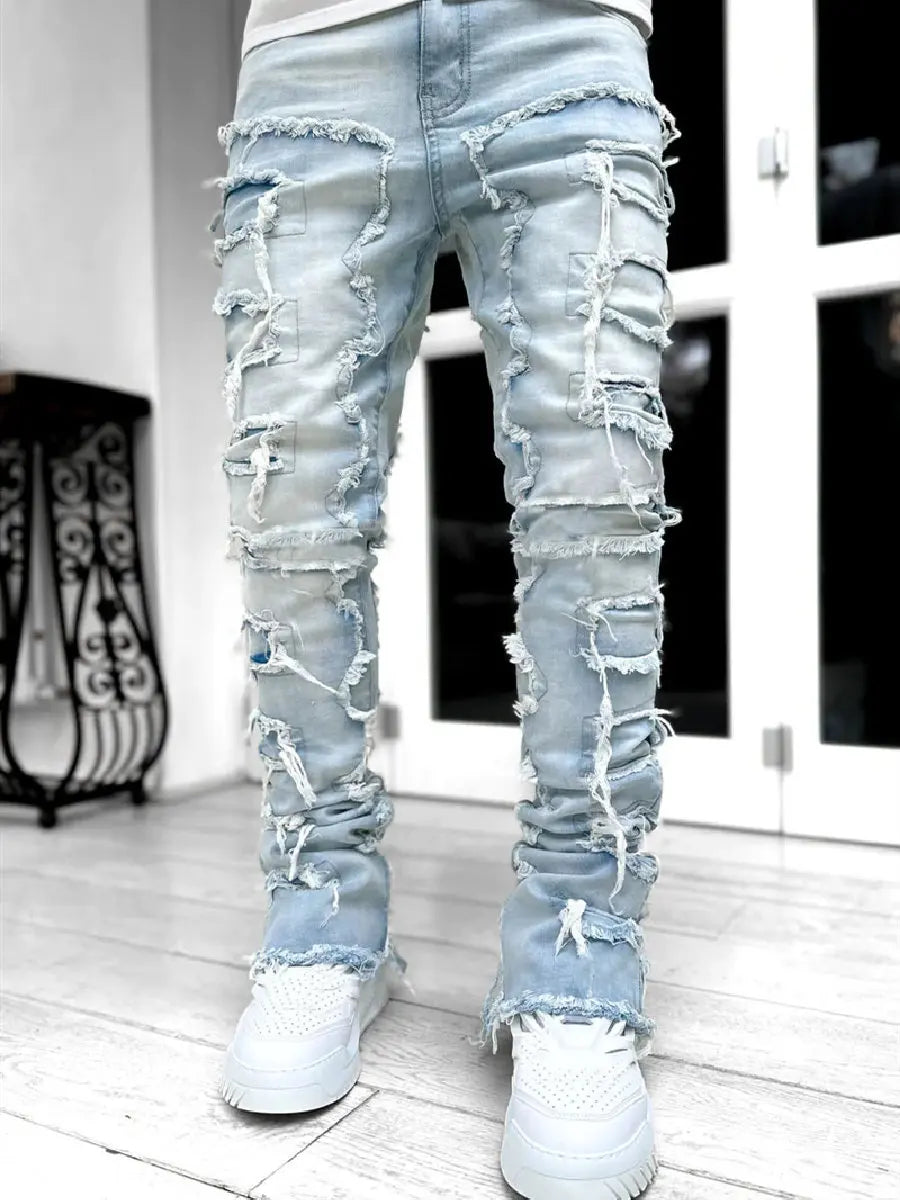 Ripped Jeans Male Retro Trend Street Style Fashion Spliced Slim Jeans Versatile