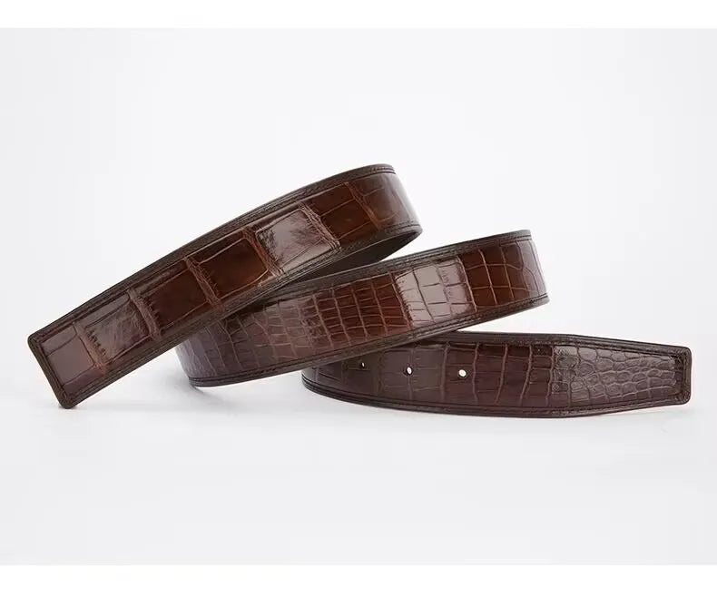 3.8 wide punched men's cowhide leather belt, high-end fashion trend crocodile pattern genuine leather belt without buckle durabl