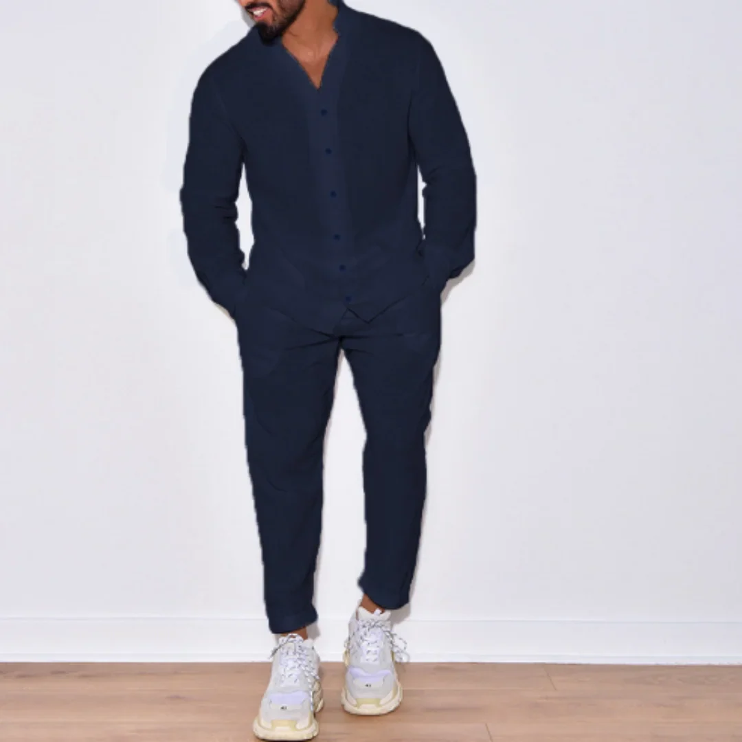 Autumn men's new fashion solid color suit cotton cardigan lapel long sleeve pants suit