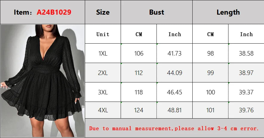 New Sexy V-Neck Short Dress Plus Size Solid Polka Dot Long-Sleeve American Slim A-Line Skirt Elegant Party Women's Evening Dress