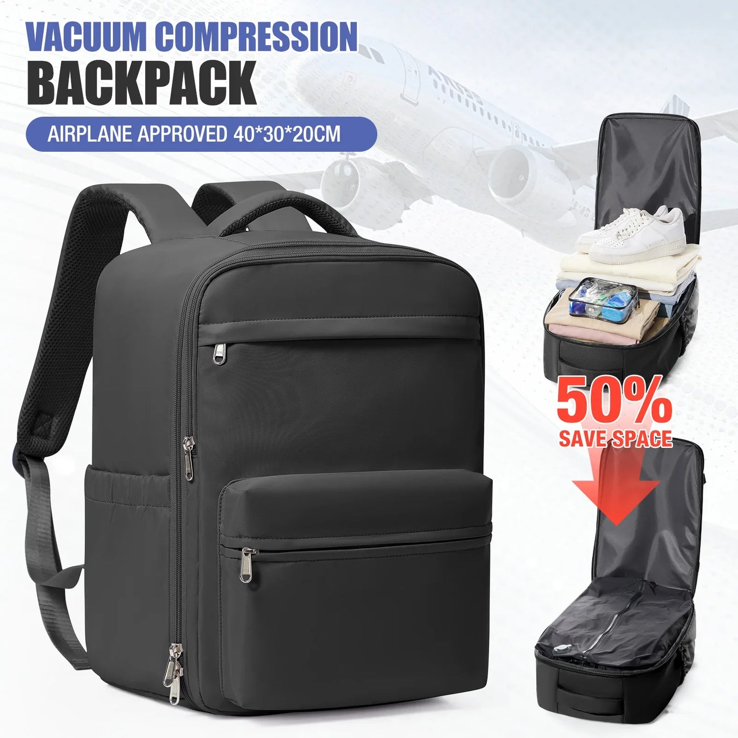 Men Vacuum Compression Backpack 15.6in Laptop Backpack Expand Hiking Vacuum Travel Backpack, Ryanair Backpack 40x30x20 Cabin Bag