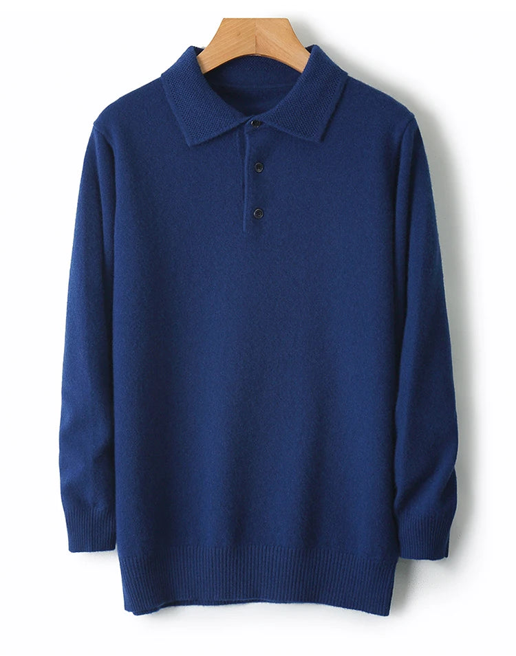 Merino Wool Hot Cardigans Men Lapel Pullover Long Sleeve POLO Neck Sweaters