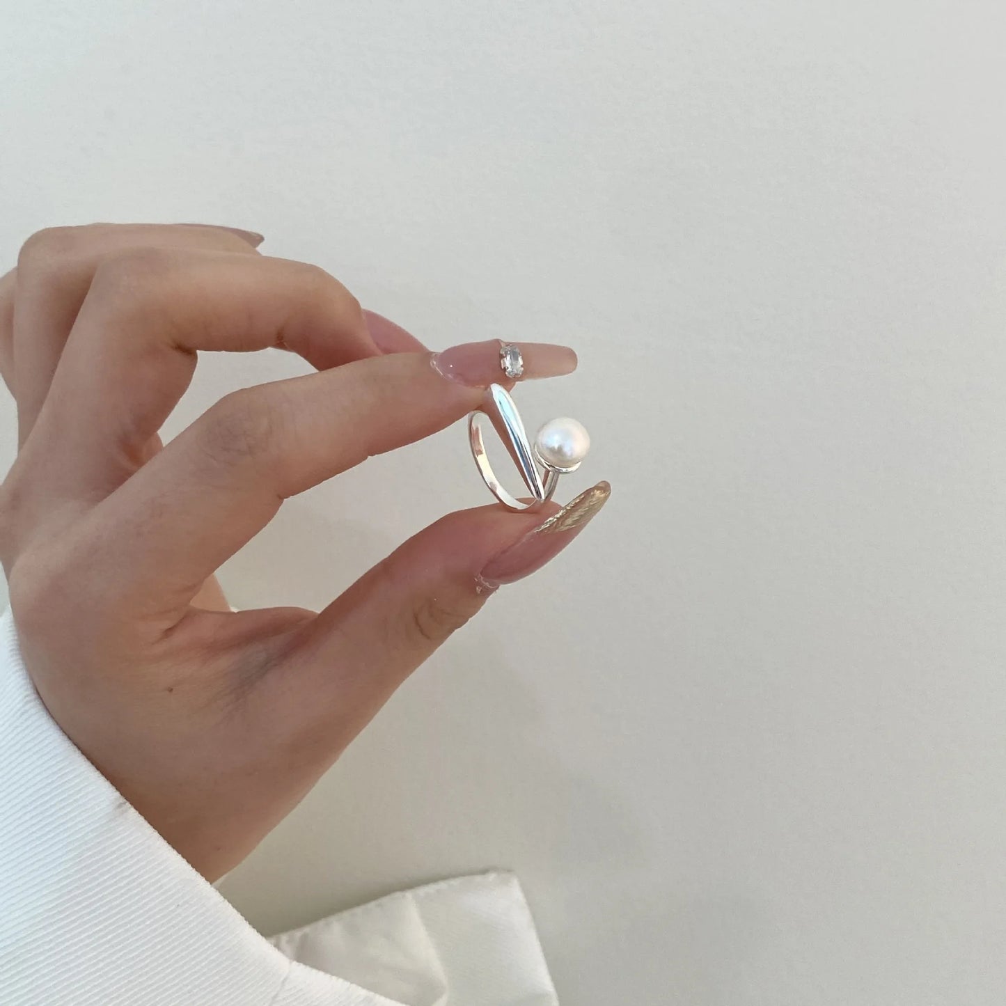 925 Sterling Silver Round Pearl Ring Wedding Adjustable Rings For Women Jewelry