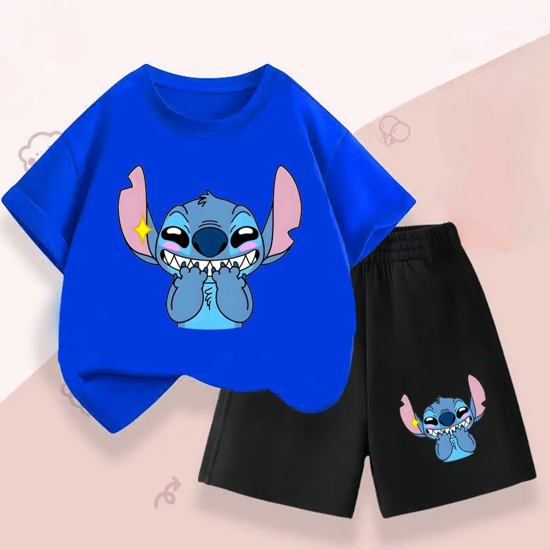 Summer Children's Casual Outfits Stitch Printed Boys Short Sleeved Top Sets Kids T Shirt Shorts Two Piece Suit Disney 2025