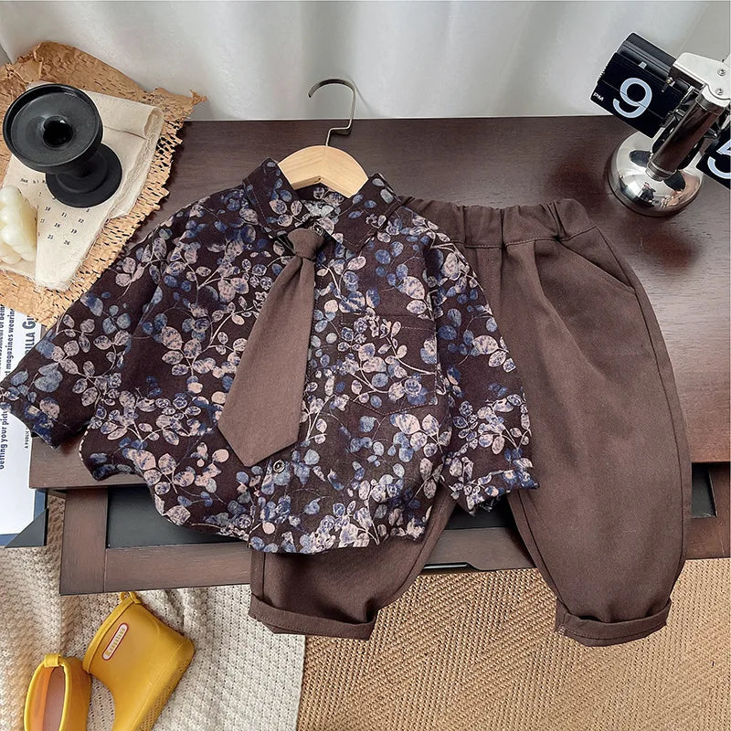 Boys Clothes Sets Spring Autumn 2025 Children Fashion Shirts Tie Pants 2pcs Party Suit For Baby Tracksuits Kids Outfits Toddler