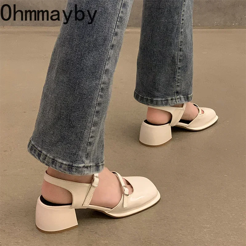 New Mary Jane Shoes Buckle Pumps Women Thick Heels Elegant Shallow Square Toe Footwear Fashion Outdoor Lady Shoes