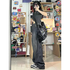 Women Vintage Streetwear Black Baggy Korean Jeans High Waiste