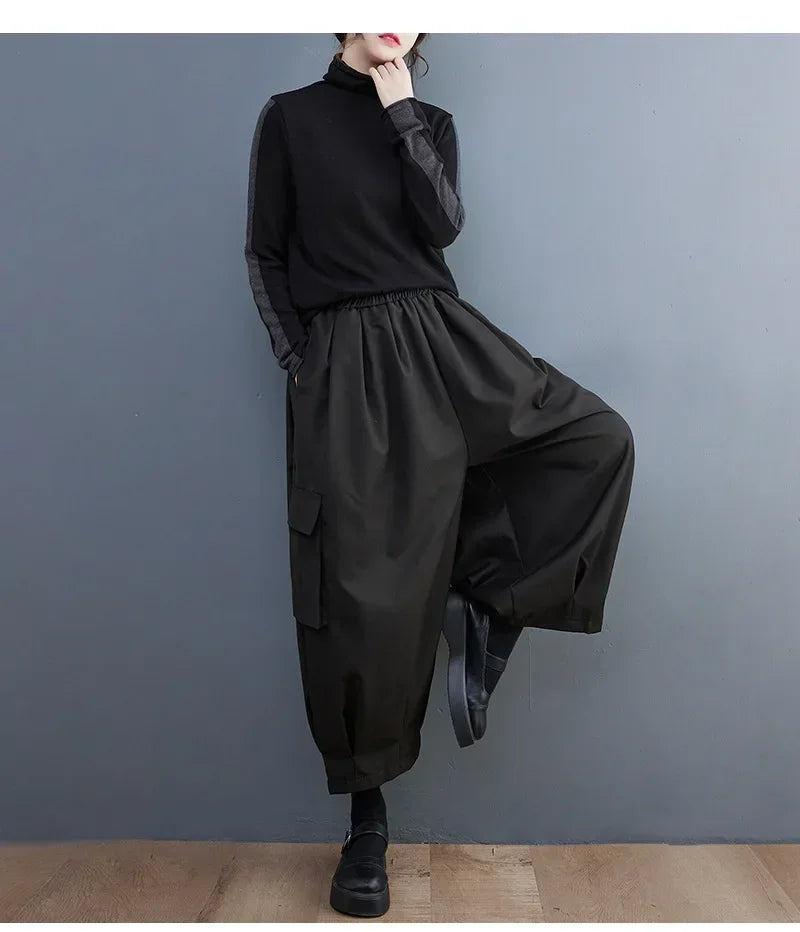Black Vintage High Elastic Waist Oversized Cargo Pants Women