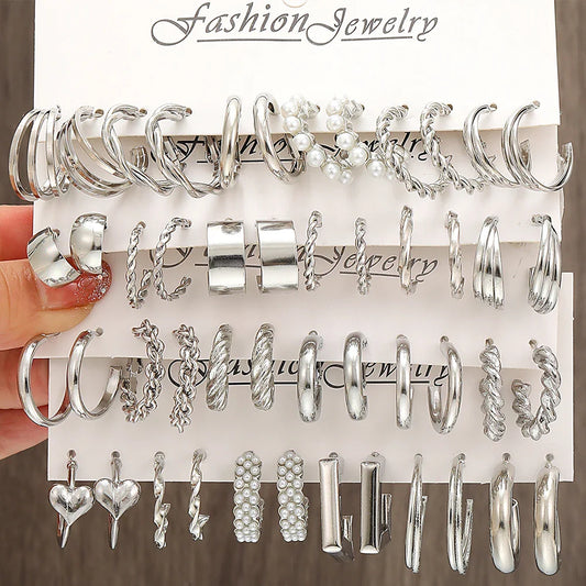 24 Pairs Silver Color Pearl Twist Hoop Earrings Set Metal Heart Dangle Earrings Vintage Circle Geometric for Women Girls Jewelry
