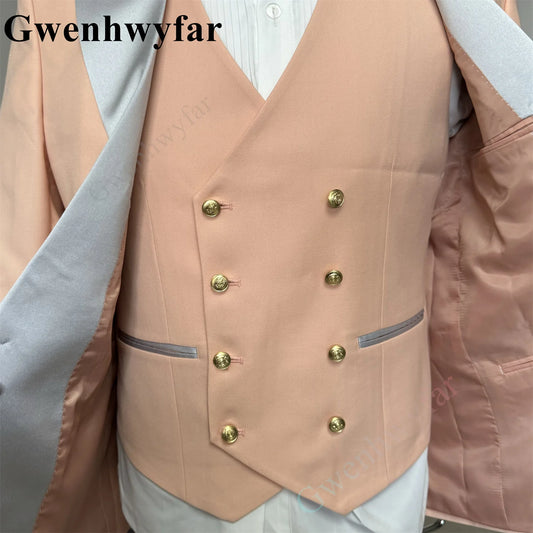 Gwenhwyfar 3 Pieces Blush Pink Men's Business Casual Suits Regular Fit Peaked Lapel Prom Tuxedos For Wedding (Jacket+Vest+Pant)