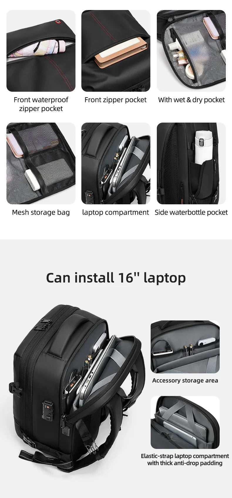 Travel casual Backpack 16 inch vacuum compression Laptop Backpack USB charging school Backpack Extended Hiking Business backpack