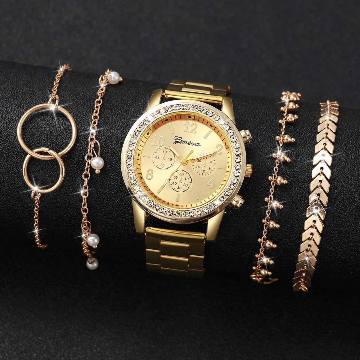 5PCS/Set Fashion Rhinestone Women's Watch Alloy Band Analog Quartz Watches Bracelets Set Reloj Mujer Girls Clock