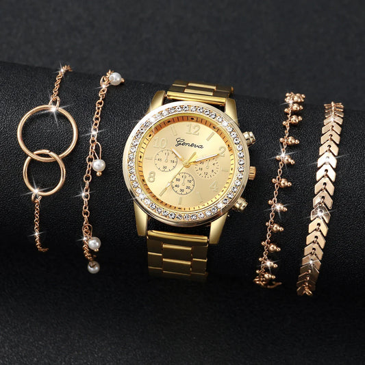 5PCS/Set Fashion Rhinestone Women's Watch Alloy Band Analog Quartz Watches Bracelets Set Reloj Mujer Girls Clock