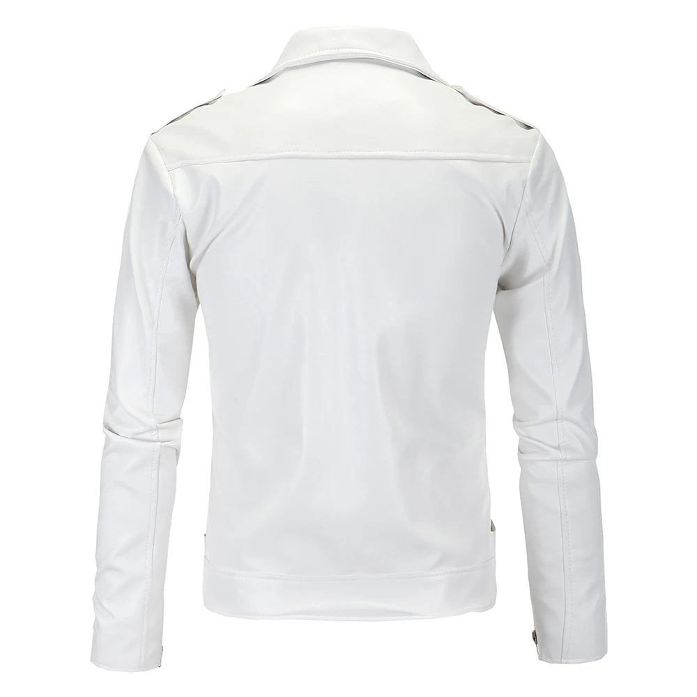 Mens Leather Jackets White Black Casual Lapel Slim Fit Diagonal Zipper