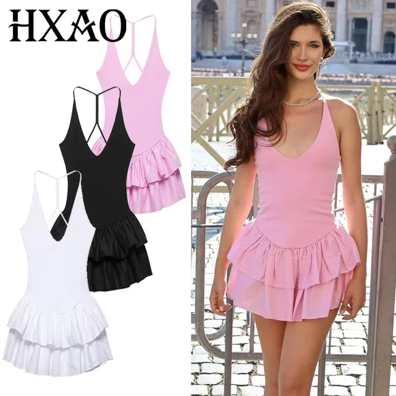 HXAO Womens Dresses Ruffled Halter Dress Summer Black Pink White Dress Mini Layered Backless Short Dresses Elegant Vestidos 066