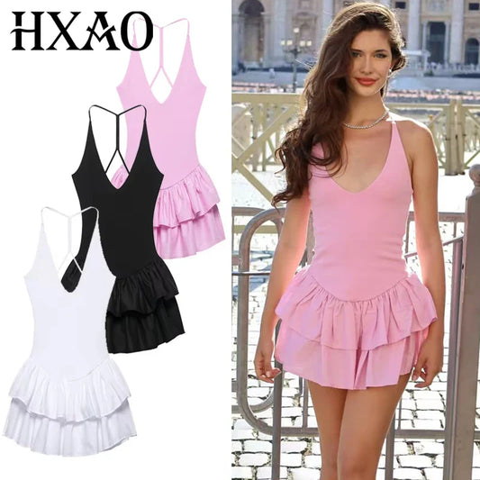 HXAO Womens Dresses Ruffled Halter Dress Summer Black Pink White Dress Mini Layered Backless Short Dresses Elegant Vestidos 066