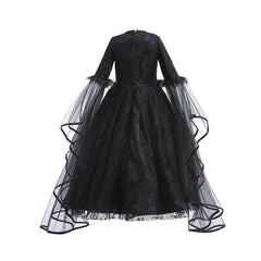 Halloween Witch Dress For Girls Black Evil Queen Cosplay Costume Luxury Lace Ruffles