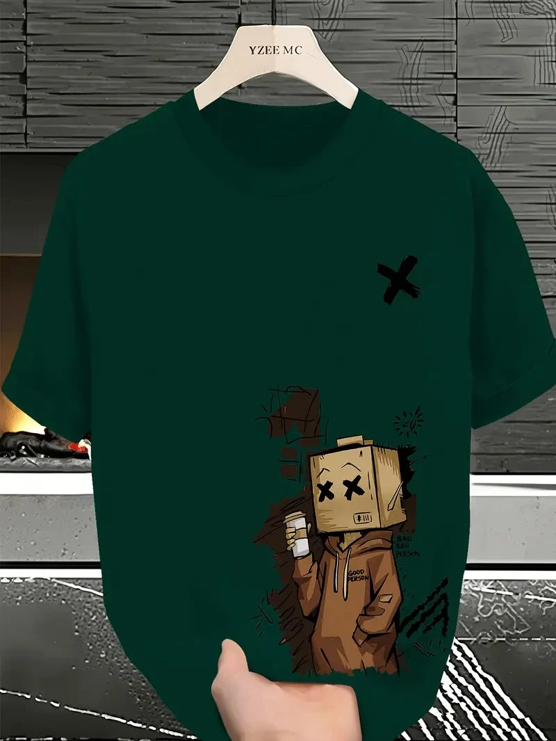 Men's 100% pure cotton fashionable casual sports loose trendy doll graffiti printed round neck short sleeved T-shirt top