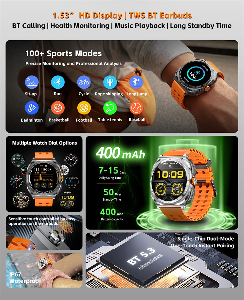 2025 New 6ATM Waterproof Smart Watch Men Outdoor SmartWatch GPS earphone Compass Heart rate LED  Bluetooth Call Sports Gift
