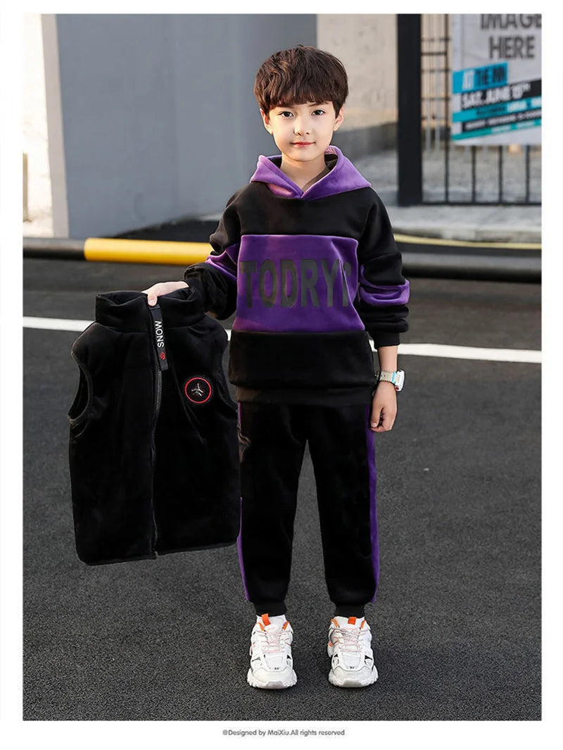 Boys Double-sided Velvet Sets Children Fashion Hooded Suit Kids Autumn Winter Jackets+Pants 2Pcs Outfits Teenager Casual Clothes
