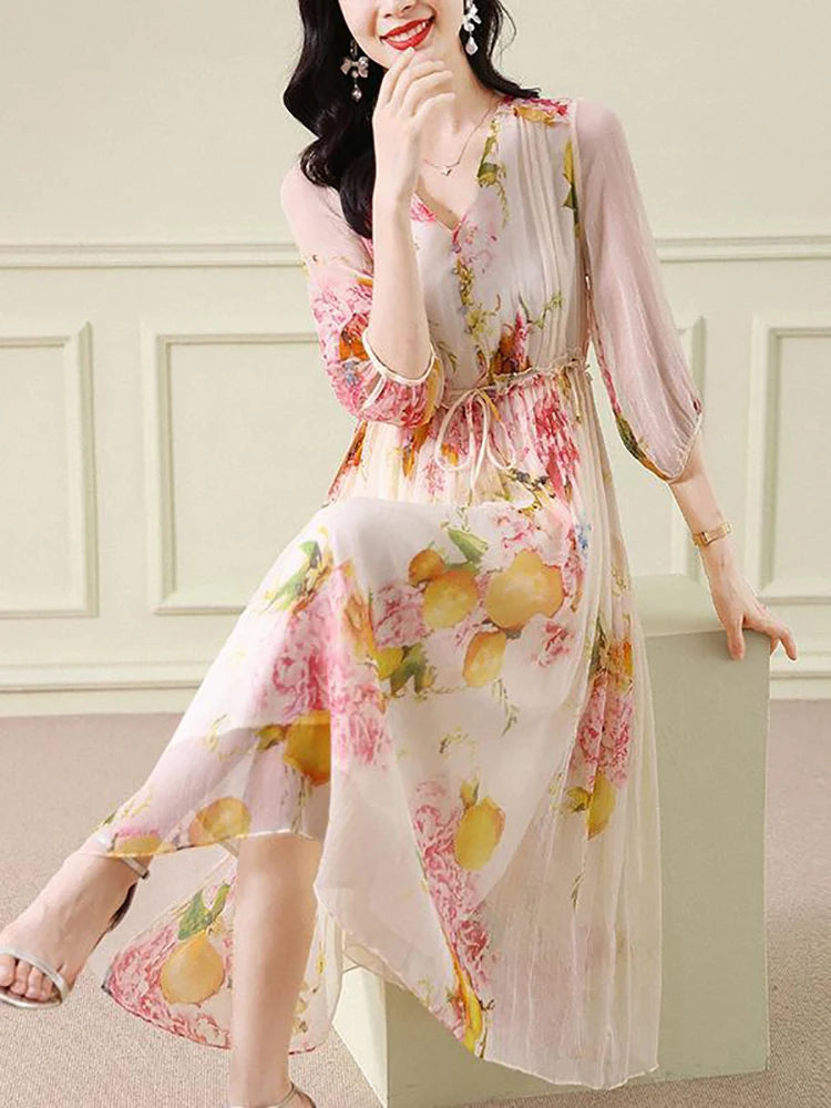 Evening Dresses: Floral Silk V-Neck Bandage Long Dress Women Elegant Casual