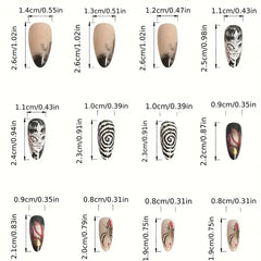 24Pcs Horror Comic Tomie Press on Nails Almond Glossy Black Japanese Anime Nails