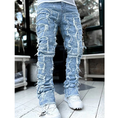 Mens Stacked Jeans Fit Ripped Jeans Destroyed Straight Denims Pants Vintage