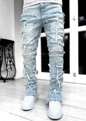 Men's Regular Fit Stacked Jeans Ripped Slim Fit Patch Distressed Destroyed