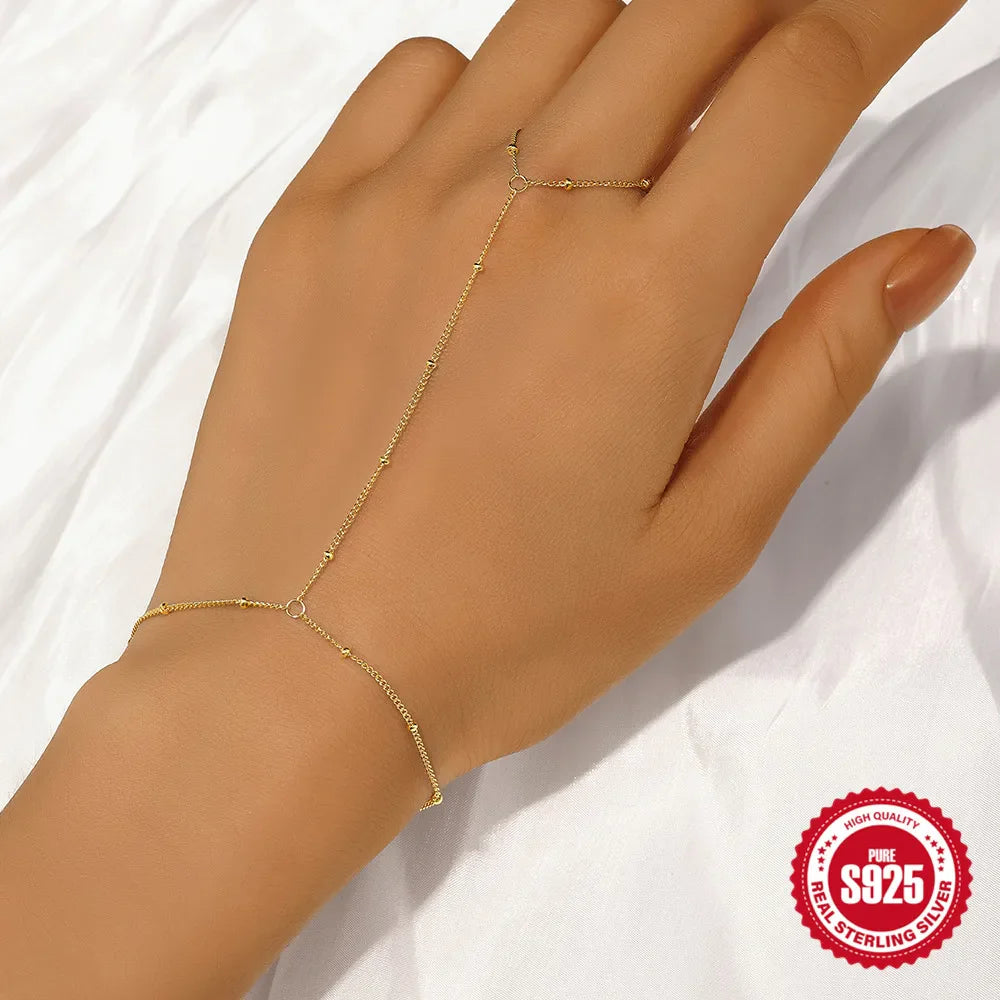 CANNER 925 Sterling Silver Flower Clover CZ Finger Ring Chain Bracelet For Women Ins Hand Chain Horse Eye Jewelry Party Gift