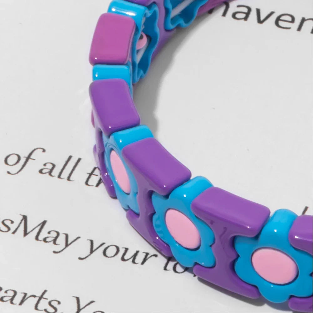 New Design Colorful Flower Charms Bangle For Women Handmade Bohemian Elastic Flower Bracelets Metal Beads Jewelry