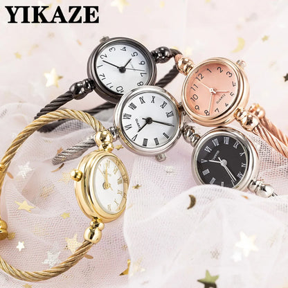YIKAZE Women Watches Small Gold Bangle Bracelet Watch Stainless Steel Retro Ladies Quartz Wristwatch Clock Fashion Dress Watch