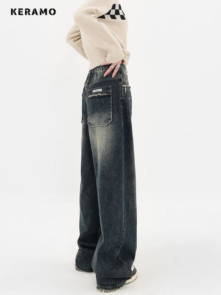 Harajuku Streetwear Retro Fashion Autumn Women High Waist Jeans Loose Wide Leg Straight Loose Denim Trousers Y2K Baggy Pants