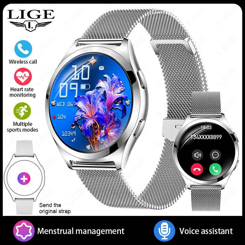 LIGE Luxury 1.27" HD Screen Smart Watch Women Waterproof Bluetooth Call Women’s Bracelet Sports Health Monitor Ladies Smartwatch