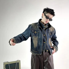 High Street Raw Edge Design Denim Jacket Man Woman Hip Hop Retro Wash Cargo Coats