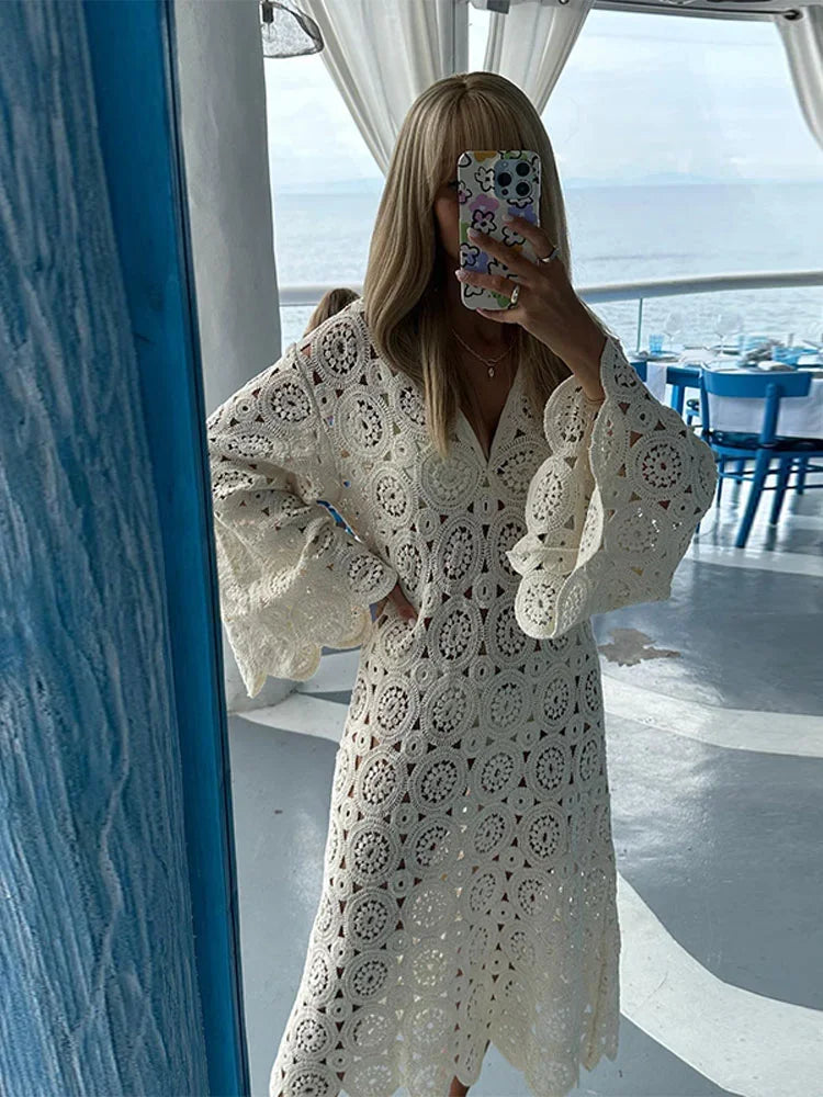 Formal attire Dresses: Women Chic Hook Flower Dress Casual Dress