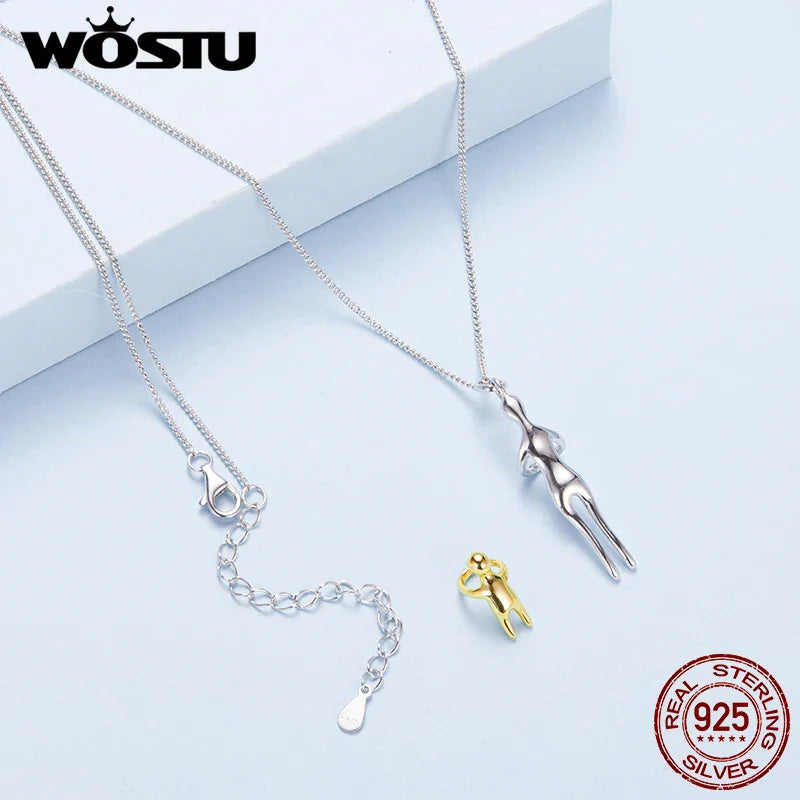 WOSTU Real 925 Sterling Silver Hug Embrace Pendant Necklace Silver Gold Two-tone Mom & Child Pendant Family Gift  Mom Jewelry