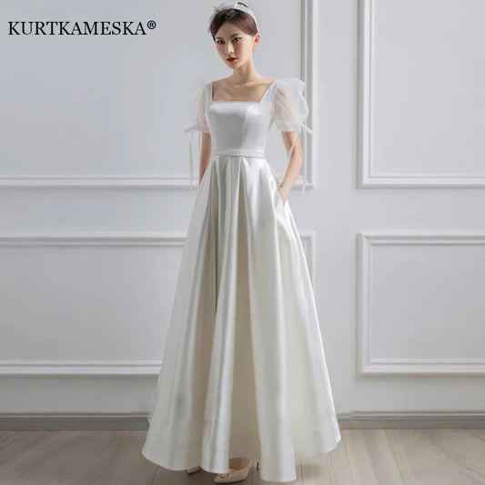 White Satin Wedding Dresses for Bride Formal Elegant Puff Sleeve Evening Formal Dress