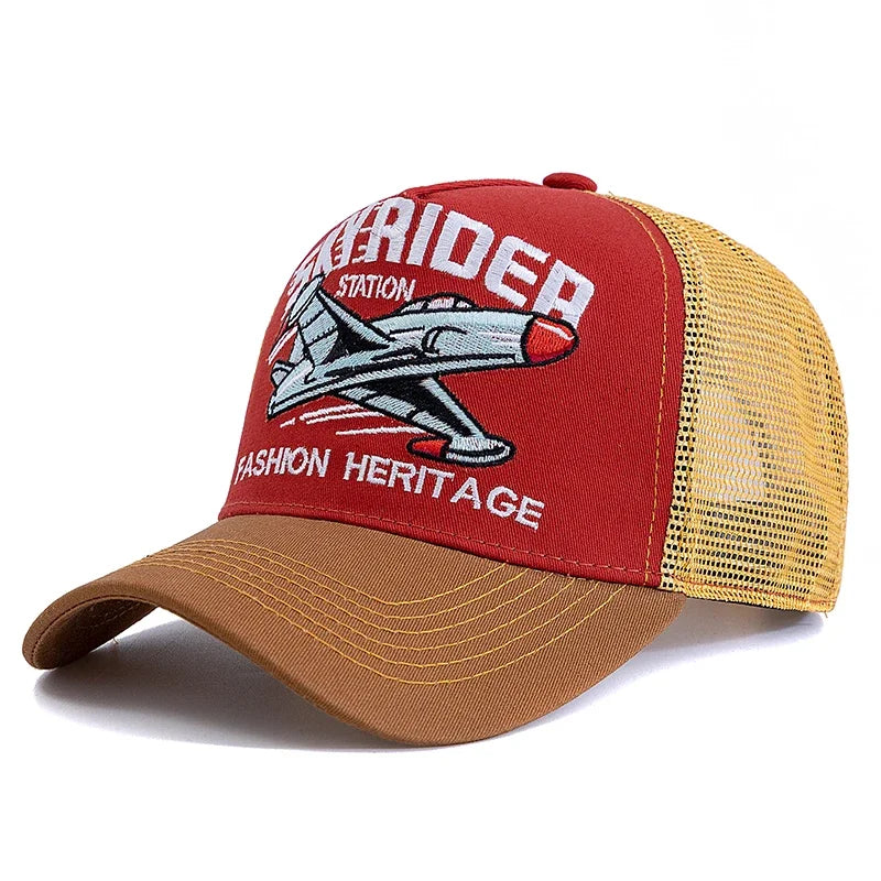 New Style Breathable Mesh Cap Outdoor Baseball Cap Men Women SKY RIDER Embroidered Pattern Snapback Trucker Hat Cap