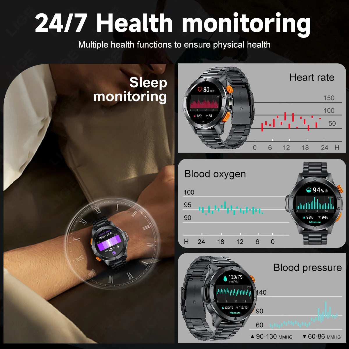 LIGE Fashion Smart Watch Men Voice Assistant Bluetooth Call Heart Rate Monitoring IP68 Waterproof LED Flashlight Men SmartWatch
