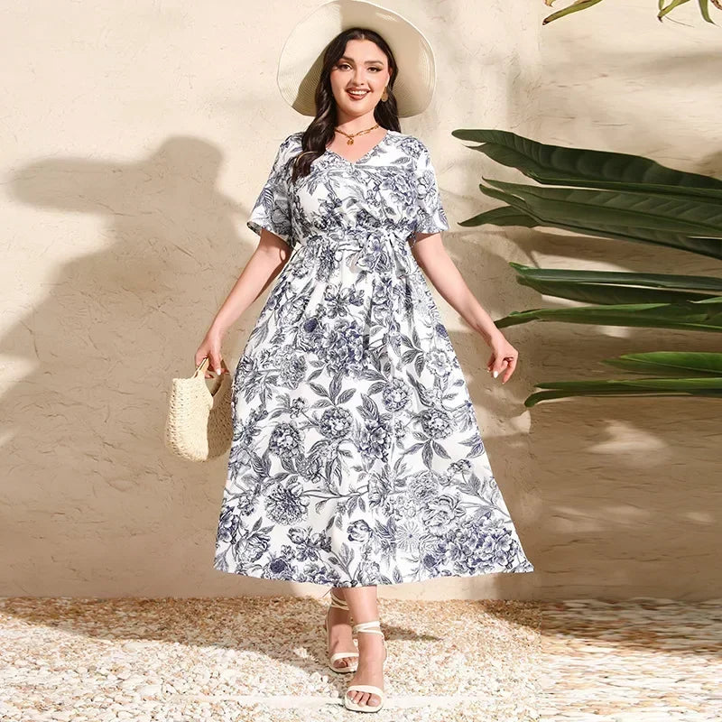 French Elegance and Elegant Large Size Dress with White Drawing Flower V-neck Short Sleeves and Waist Wrap Long Dress Plus Size