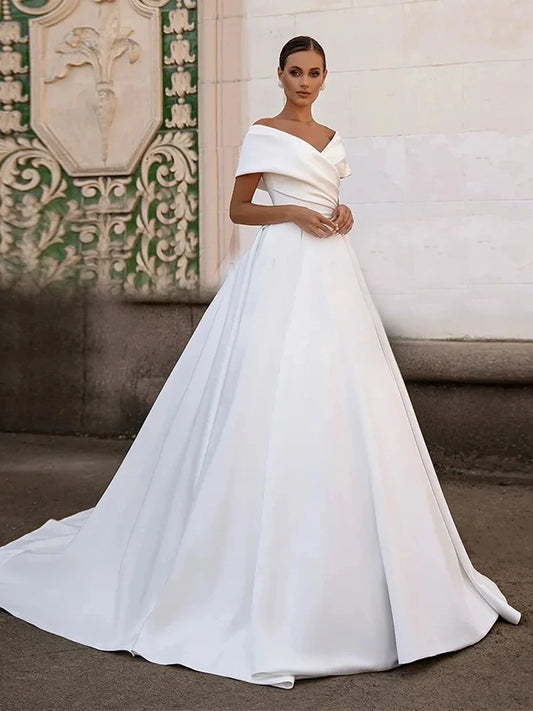 White Bridesmaid Dresses: Wedding Dresses Off The Shoulder Satin A-Line Bridal Gowns