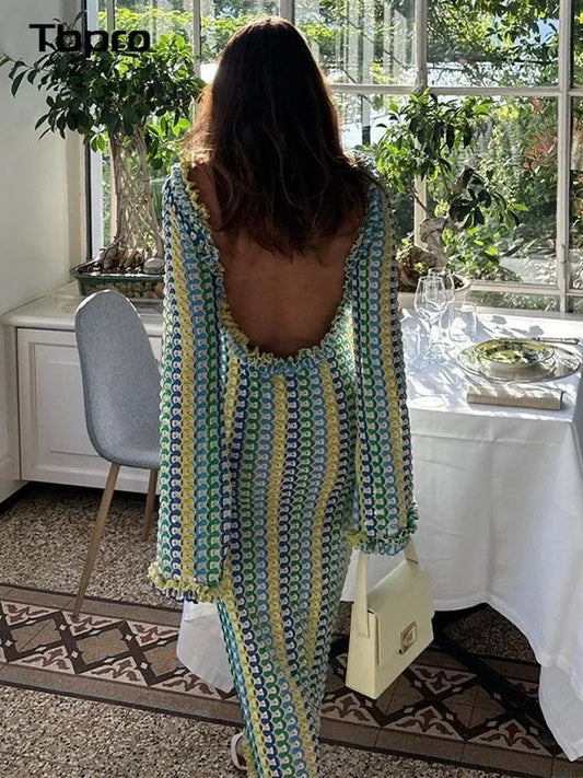 Evening Dress: Backless Flared Sleeves Maxi Women's Fashion O-neck
