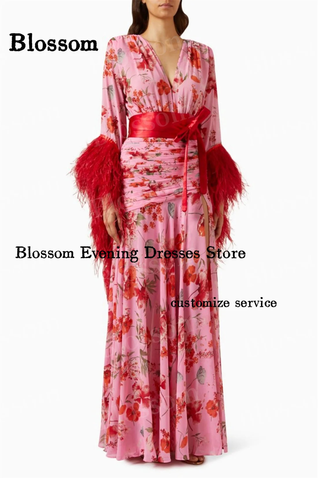 Homecoming Dresses: Flower Printing Prom Dresses Feathers Long Sleeves Party Gown